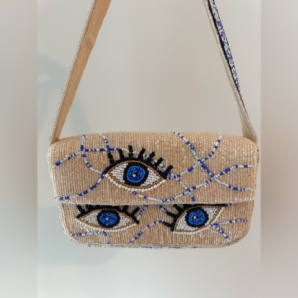 Anthropologie Beige and Blue Embroidered Eye Shoulder Bag - Picture 4 of 6